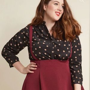 ModCloth Black & tan polka dot blouse office FUN2FUN SM / MED EUC
